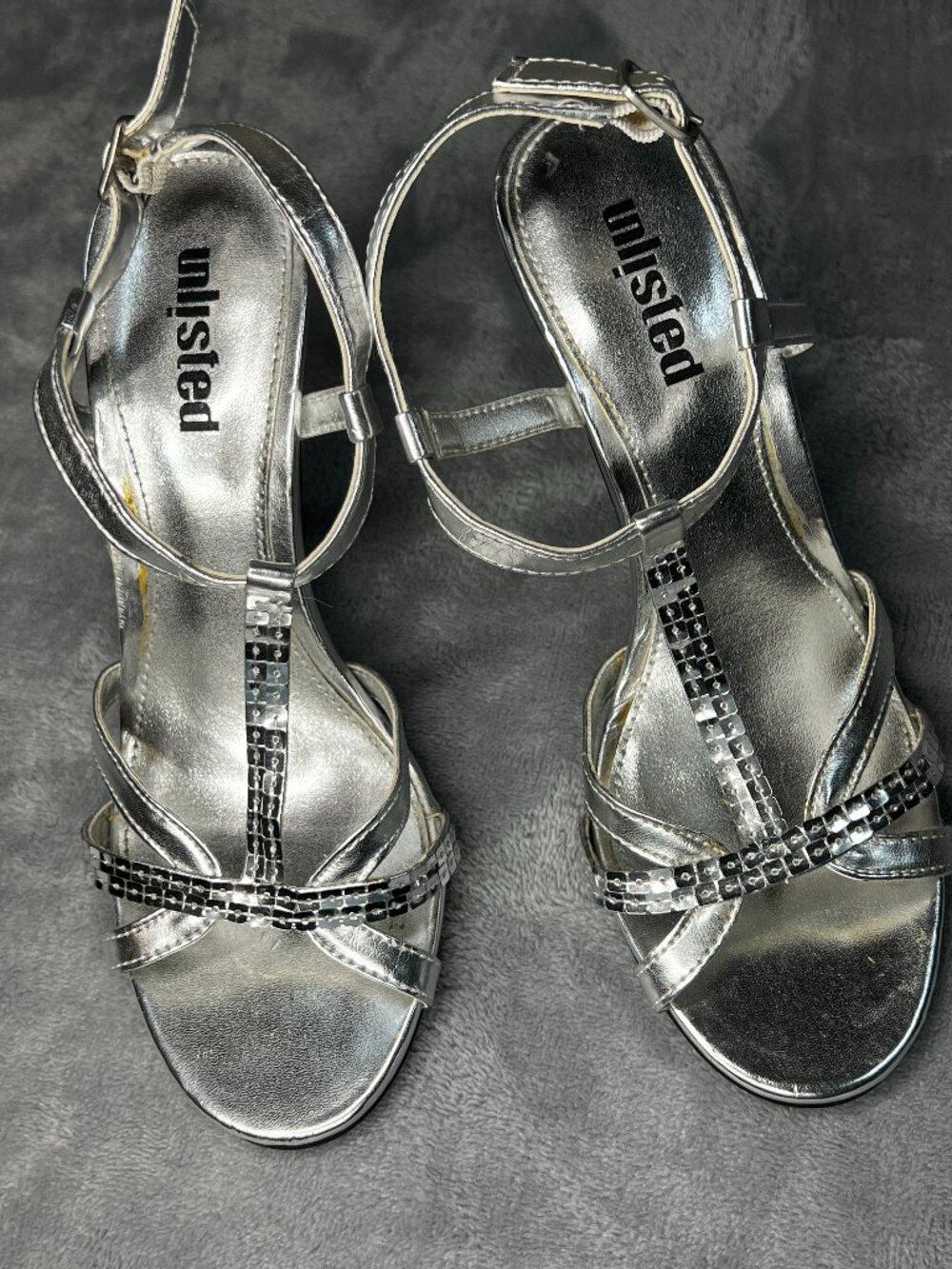 Unlisted by Kenneth Cole Silver Strappy Party Heels, Size 6